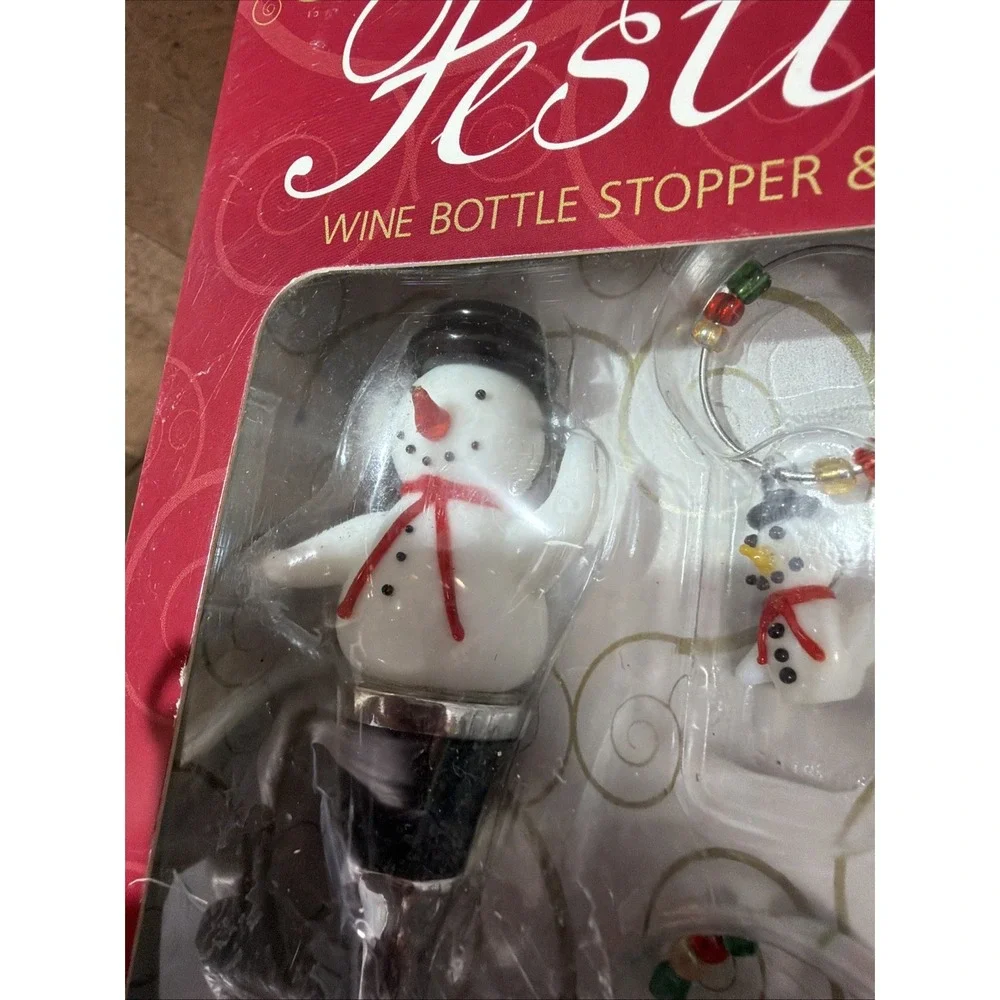 Festive Christmas Snowman Wine Bottle Stopper & 4 Wine Glass Charms Set